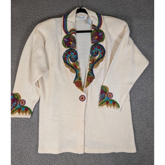 Vintage Priscilla Lambswool Sweater Size XL Cream With Sequin Angora 80's Beaded - Picture 1 of 16